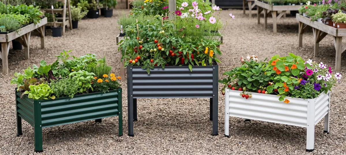 Green, anthracite, and white steel raised garden beds on display