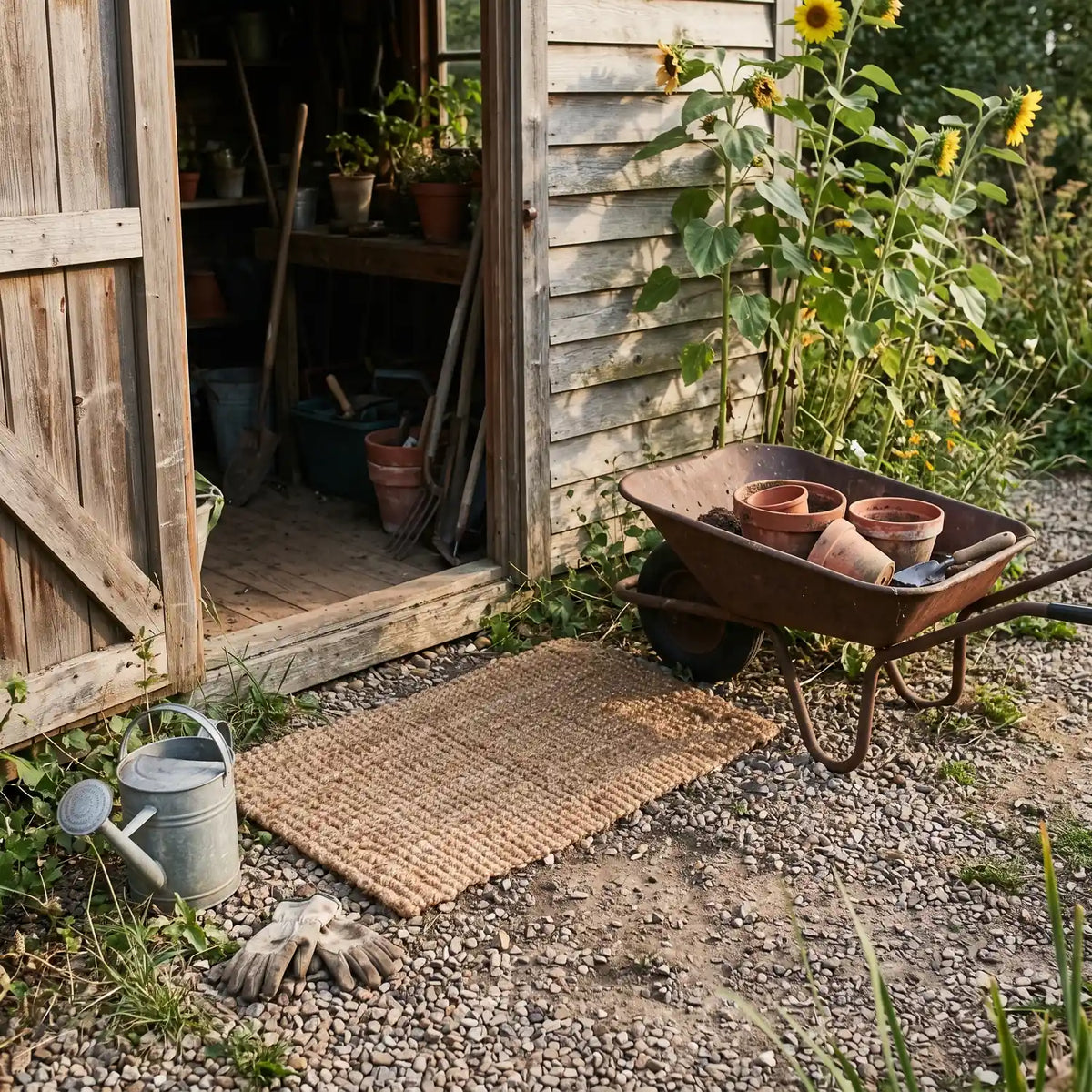 Thick Braided Jute Mat 60 x 120 cm in front of a garden shed