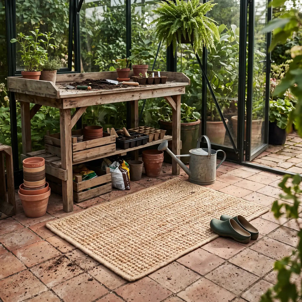 Bouclé Jute Rug 80 x 120 cm on greenhouse floor tiles in front of a potting bench