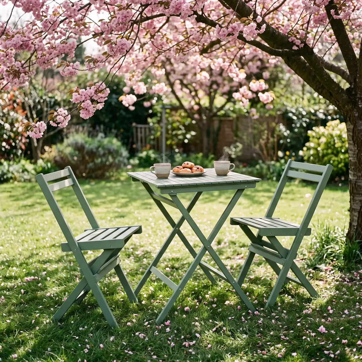 Tokyo Bistro Set in Dusty Green under a cherry tree in blossom