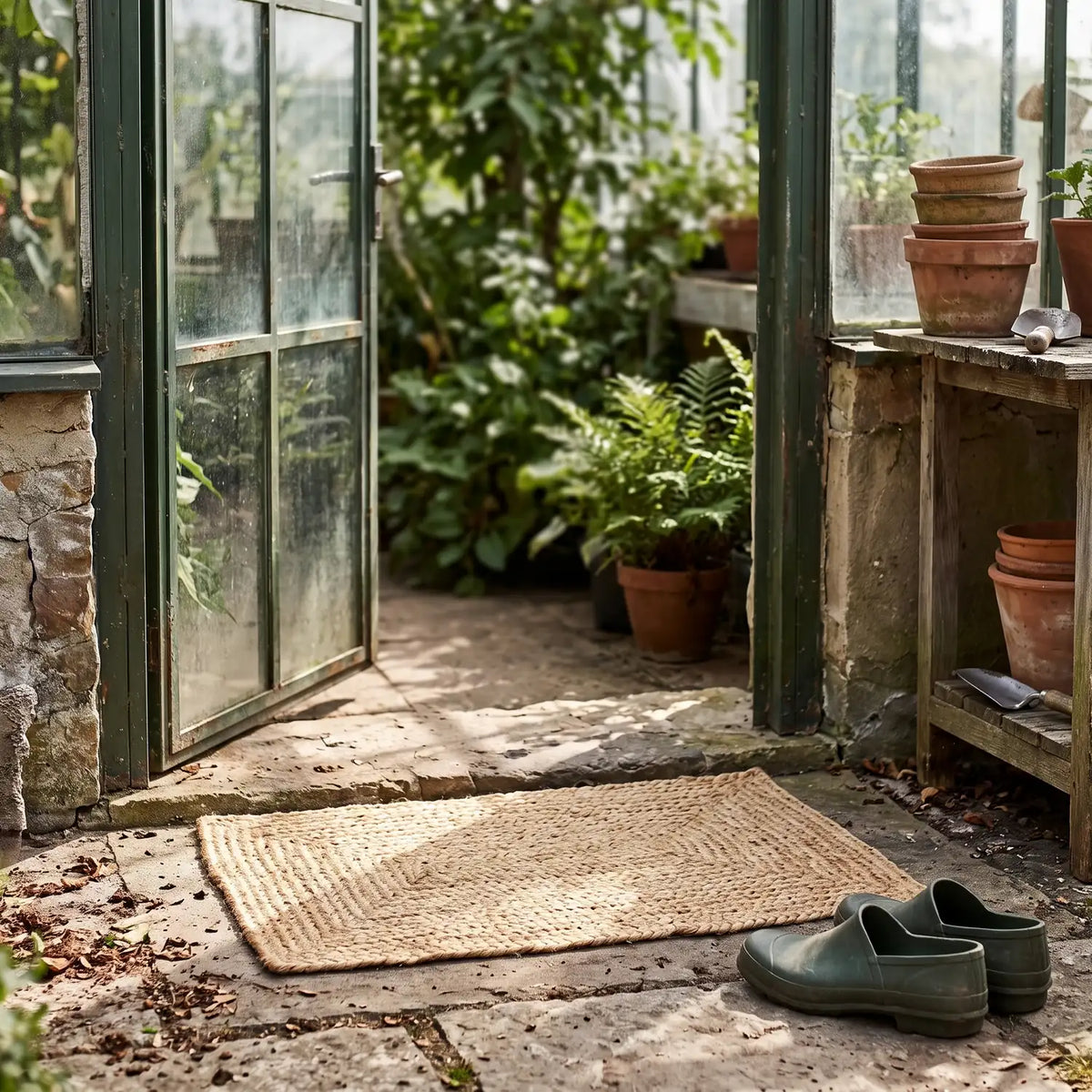 Braided Jute Mat 50 x 70 cm at a greenhouse door