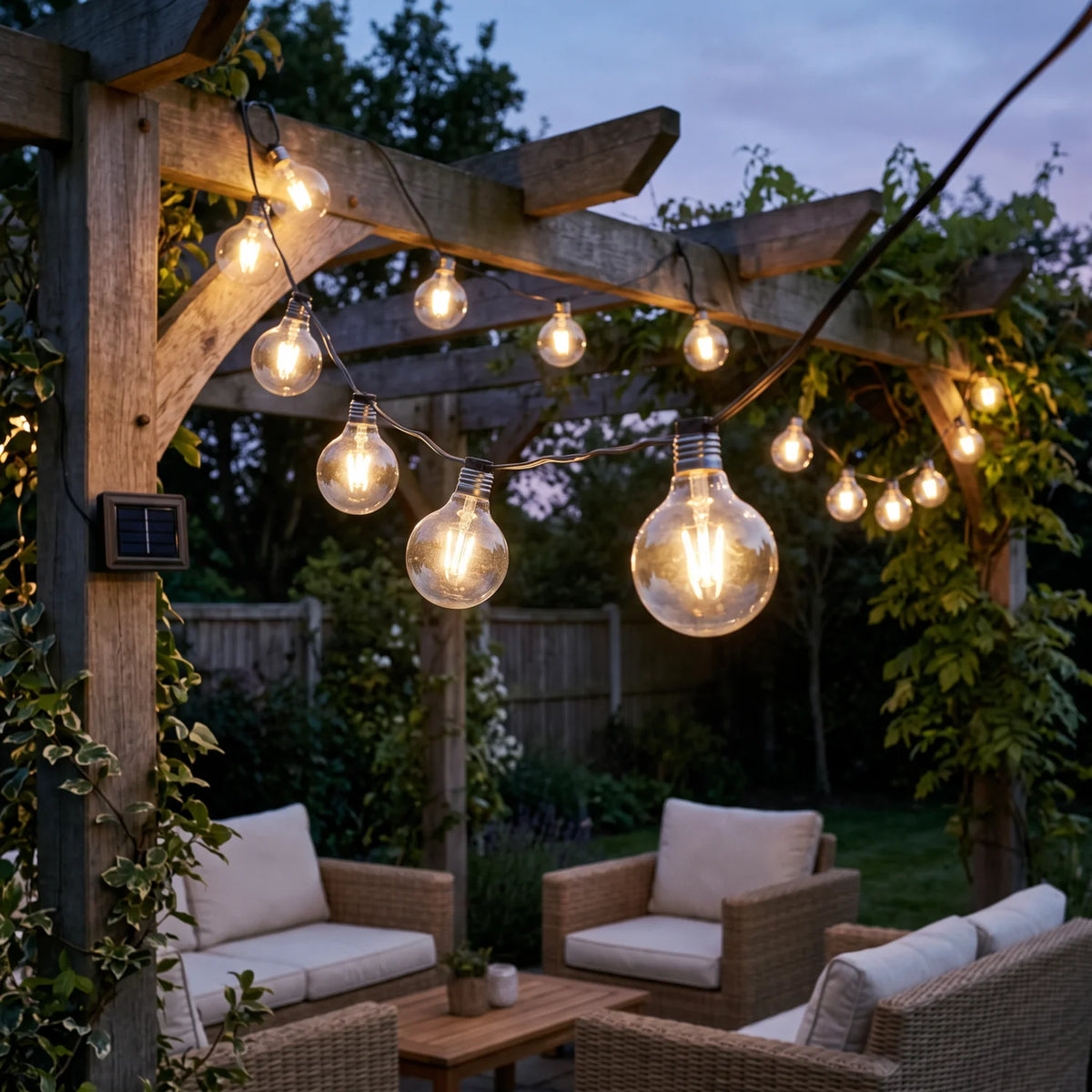 Solar String Lights with 10 Clear Bulbs glowing on a wooden pergola at dusk